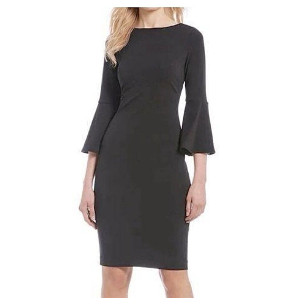Calvin Klein Pewter Gray 3/4 Bell Sleeve Stretch Crepe Sheath Dress Size 6
